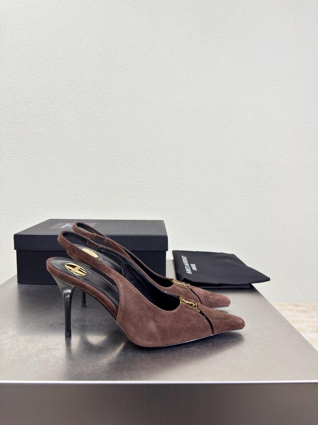 YSL 26S SLINGBACK HIGH HEELS 105 MM IN DARK BROWN SUEDE