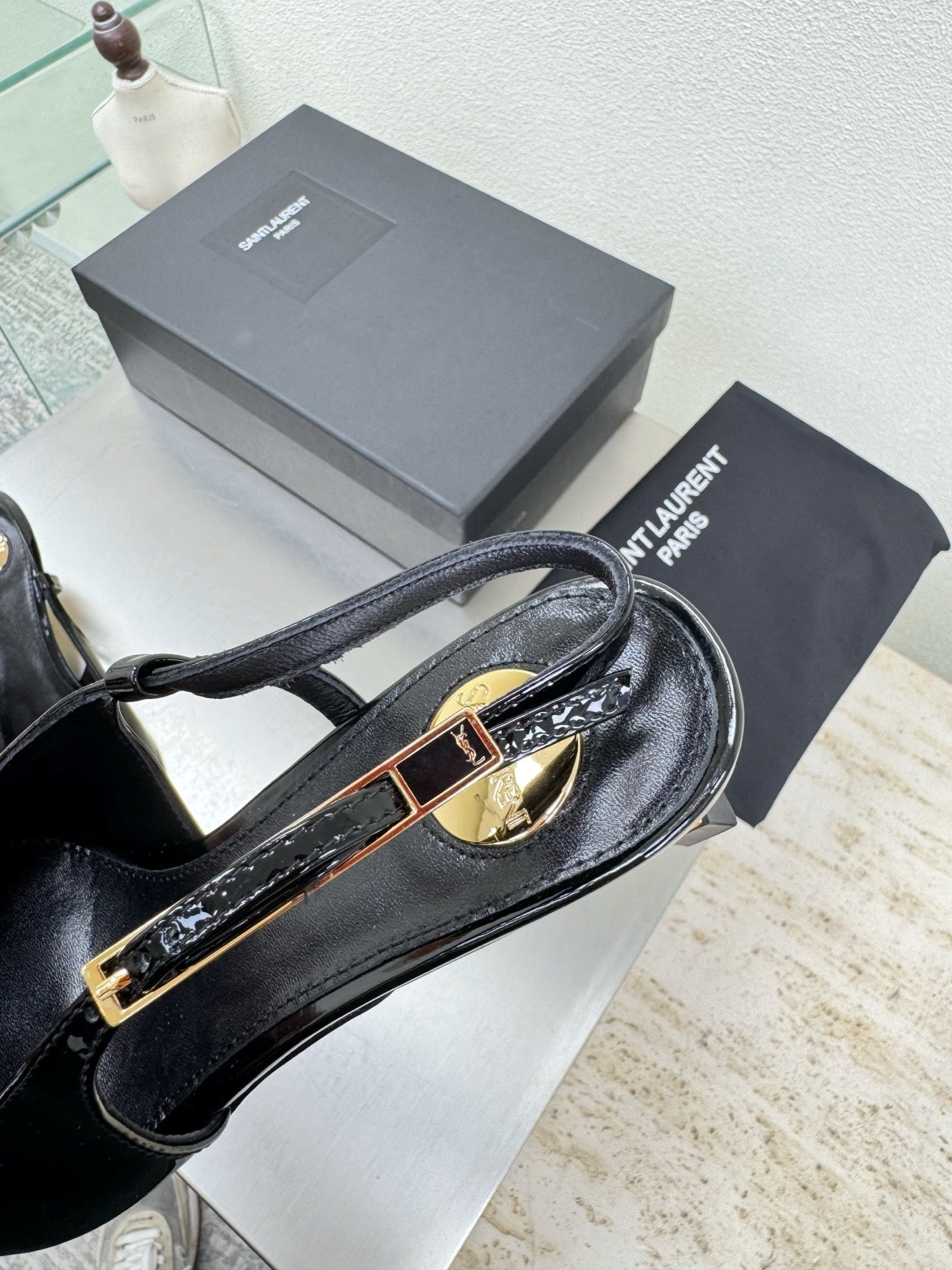YSL 26S SLINGBACK HIGH HEELS 75 MM IN BLACK GLOSSY CALFSKIN