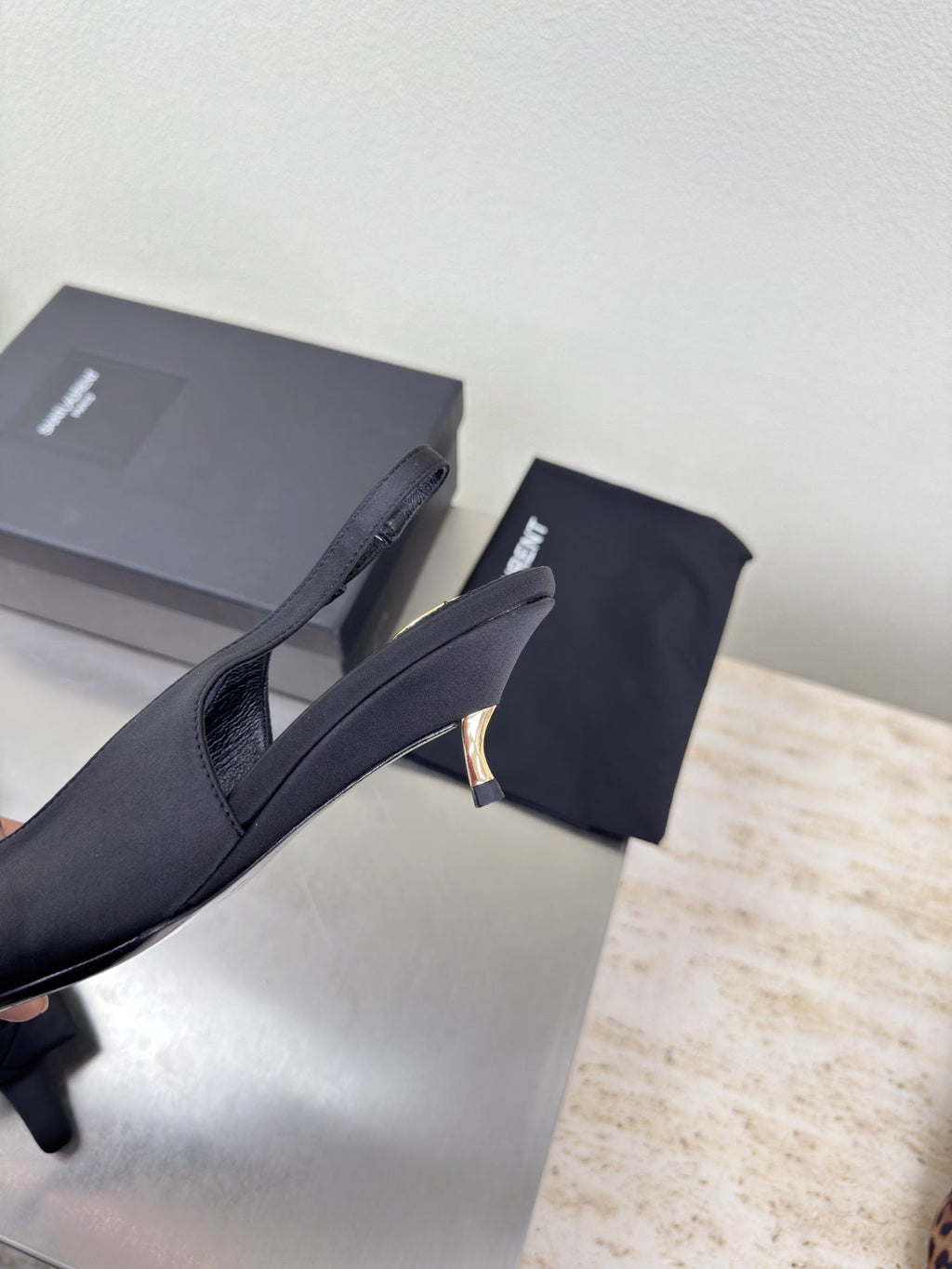 YSL 26S SLINGBACK HIGH HEELS 55 MM IN BLACK SATIN