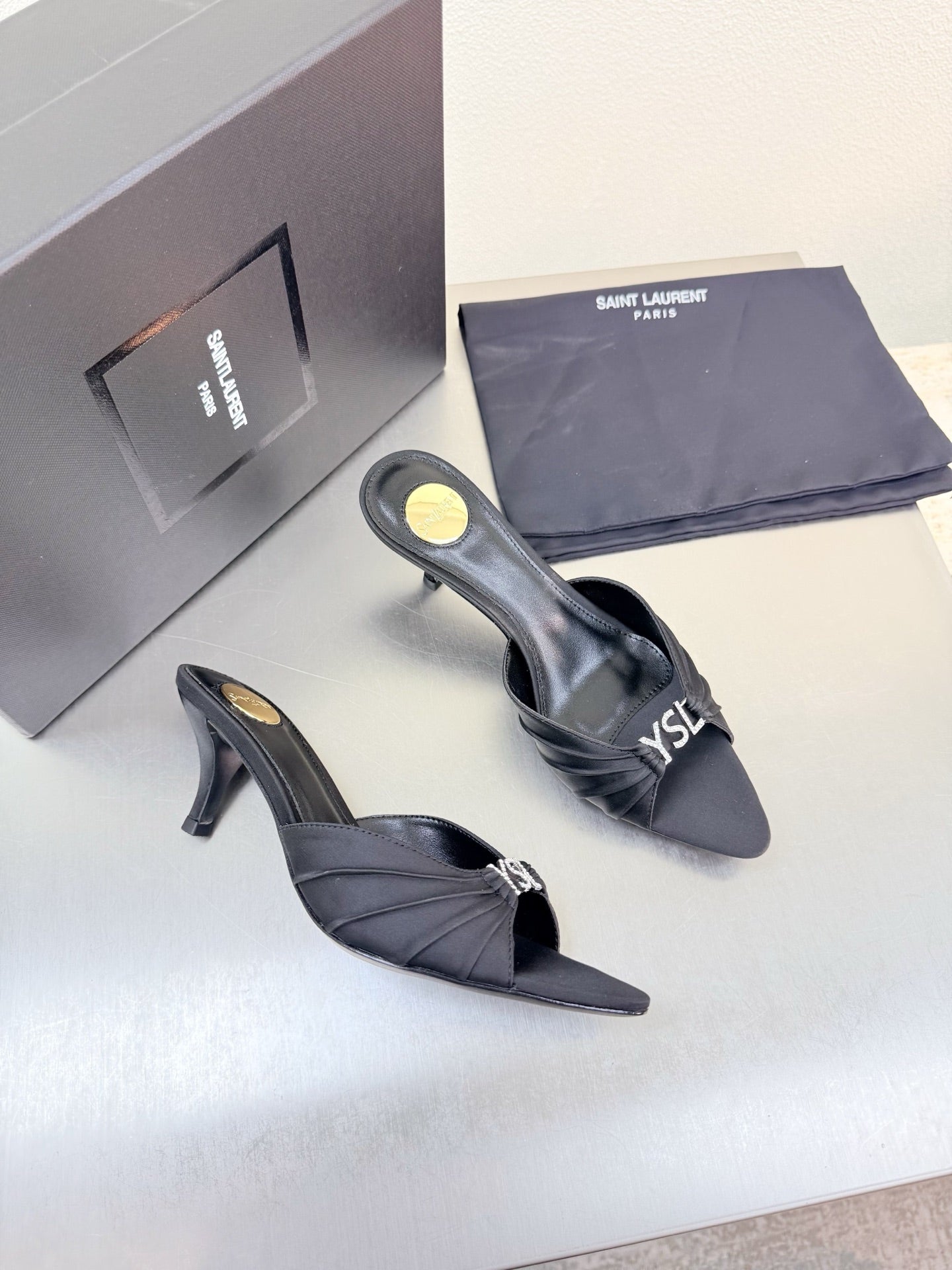 YSL 26S HIGH HEEL SANDALS 65 MM IN BLACK FABRIC