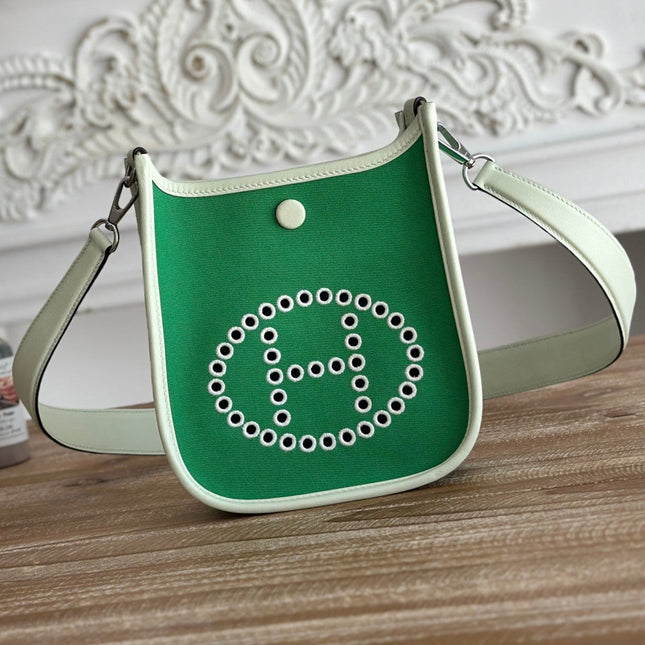 MINI NEO 17 EVELYNE BAG IN EMERALD GREEN CANVAS AND WHITE CALFSKIN