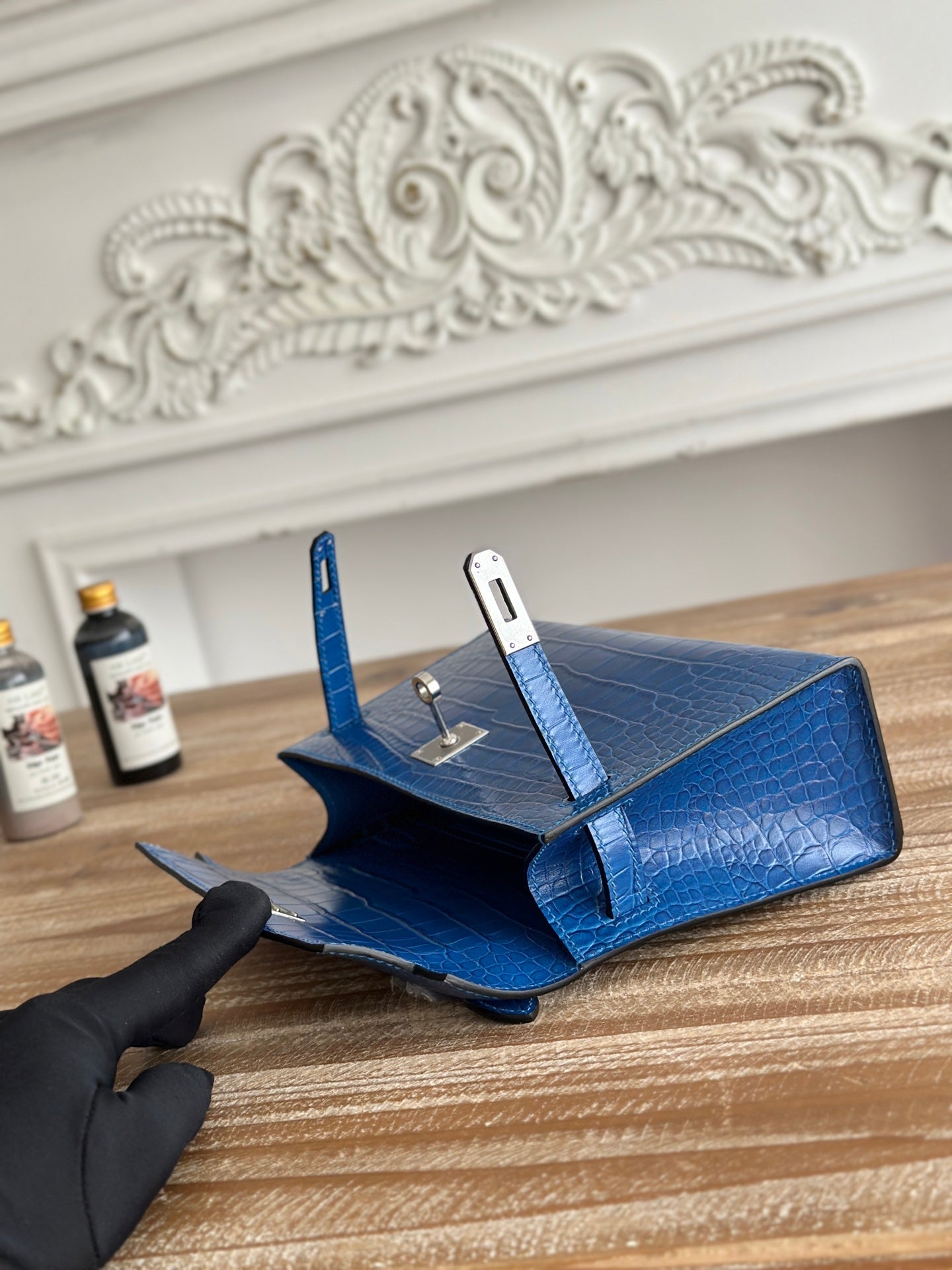 HM 26S KELLY MINI 22CM IN DARK BLUE CROC EMBOSSED CALFSKIN SILVER KELLY BUCKLE