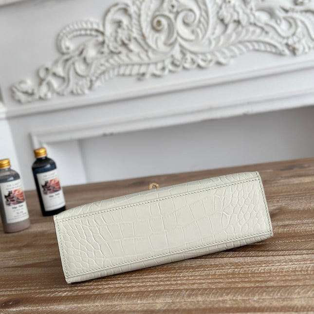 HM 26S KELLY MINI 22CM IN MILKY WHITE CROC EMBOSSED CALFSKIN GOLD KELLY BUCKLE
