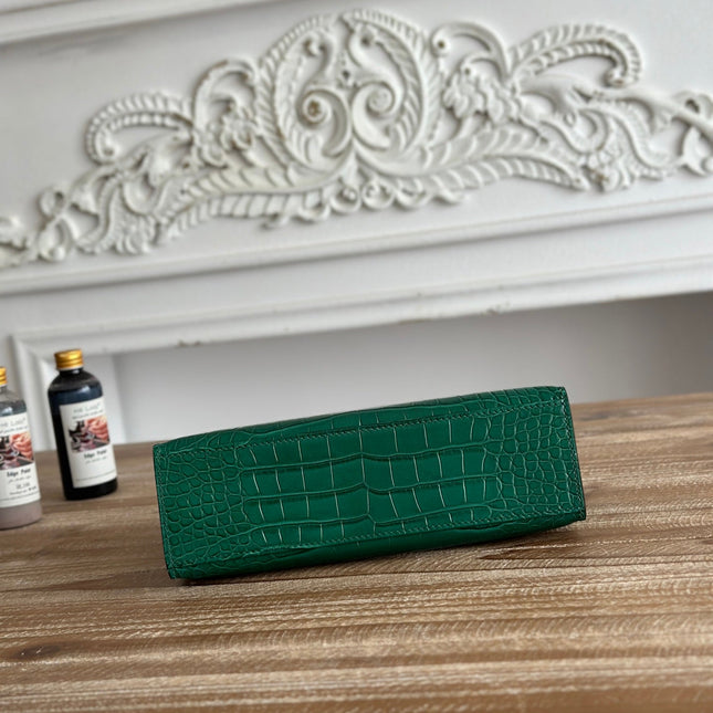 HM 26S KELLY MINI 22CM IN DARK GREEN CROC EMBOSSED CALFSKIN GOLD KELLY BUCKLE