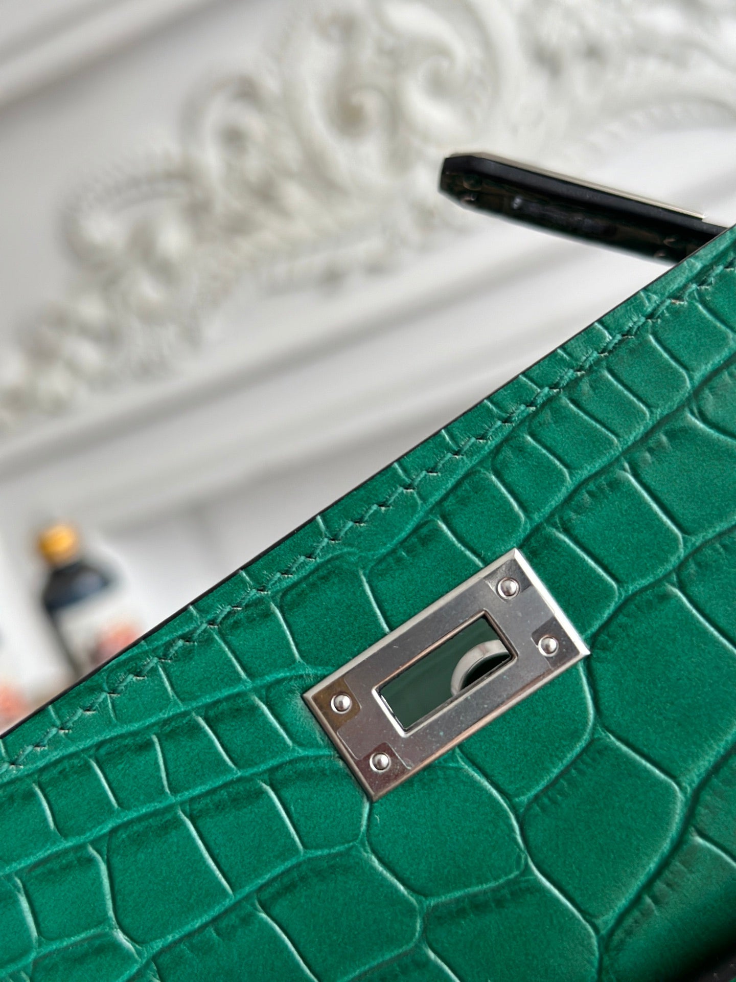HM 26S KELLY MINI 22CM IN DARK GREEN CROC EMBOSSED CALFSKIN SILVER KELLY BUCKLE