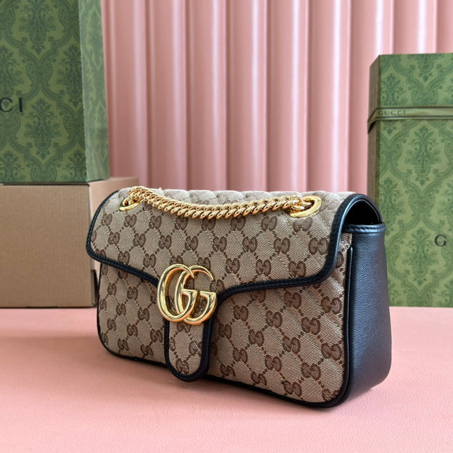 MARMONT MEDIUM SHOULDER BAG 26 IN BEIGE AND BROWN GG CANVAS BLACK CALFSKIN GOLD HARDWARE