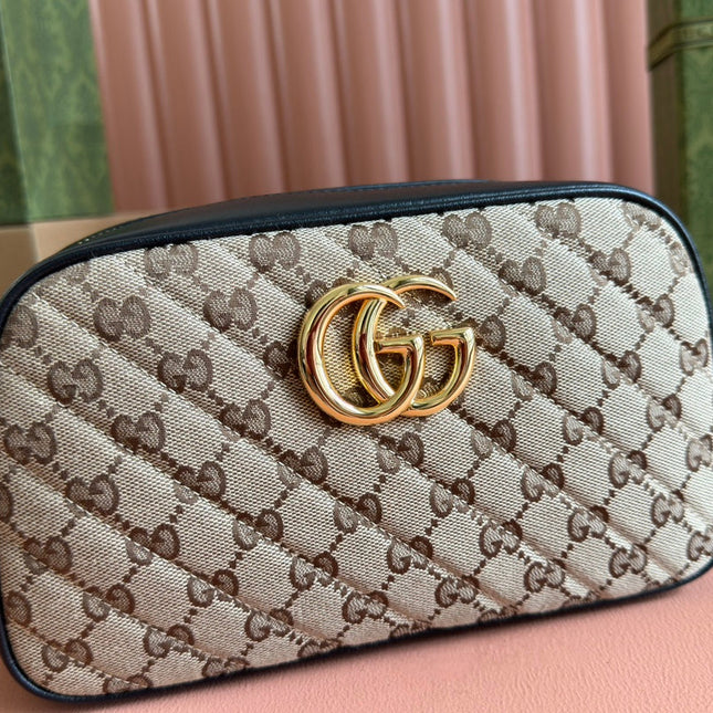 MARMONT MEDIUM SHOULDER BAG 24 IN BEIGE AND BROWN GG CANVAS BLACK CALFSKIN
