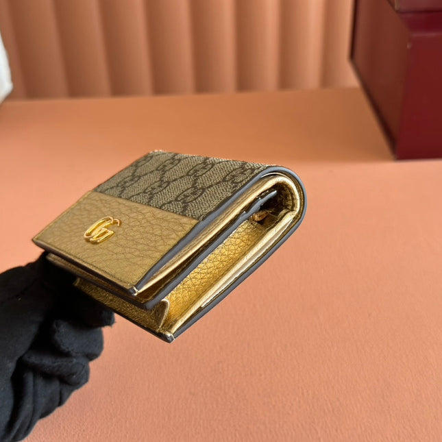 MARMONT BI-COLOUR CARD CASE WALLET 11 IN BEIGE EBONY GG CANVAS GOLD GLOSSY CALFSKIN