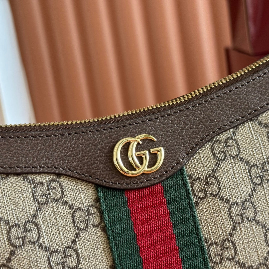 OPHIDIA SMALL SHOULDER BAG 26 IN BEIGE AND DARK BROWN CANVAS