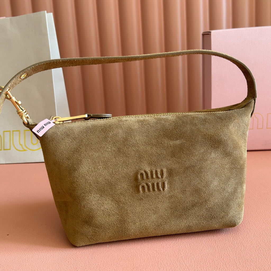 MIUMIU 26S CORDUROY POUCH BAG 25 IN LIGHT BROWN SUEDE