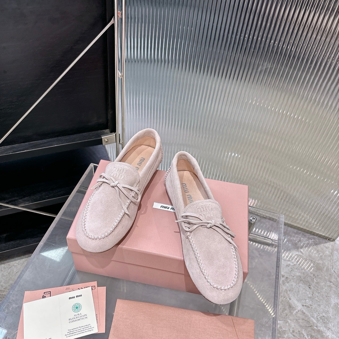 MIUMIU 26S LOAFERS IN LIGHT PINK SUEDE WITH BOW