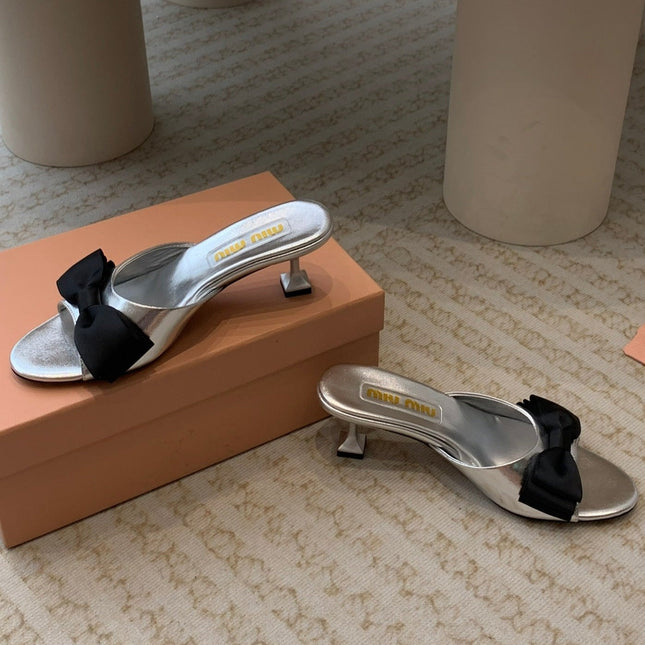 Silver Mid - Heels With Black Bow Calfskin