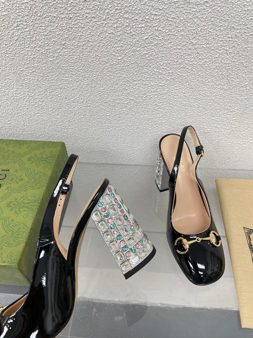 GG WOMEN'S HORSEBIT SLINGBACK 95MM IN BLACK CALFSKIN WITH RHINSTONES