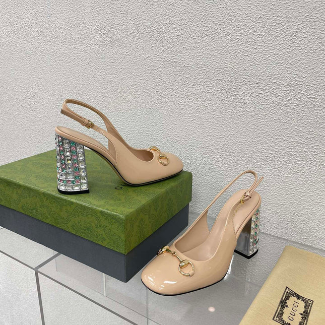 GG WOMEN'S HORSEBIT SLINGBACK 95MM IN TAN BEIGE CALFSKIN WITH RHINSTONES