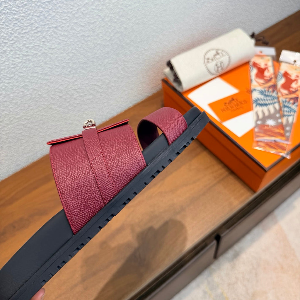 HM 26S KELLY BUCKLE DOUBLE STRAP SANDALS IN BURGUNDY RED CALFSKIN