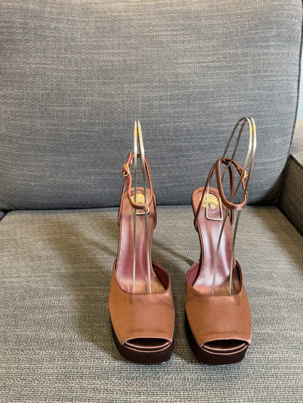 YSL 26S PLATFORM SANDALS 150 MM IN BROWN SATIN