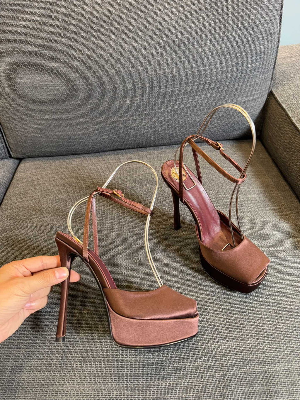 YSL 26S PLATFORM SANDALS 150 MM IN BROWN SATIN