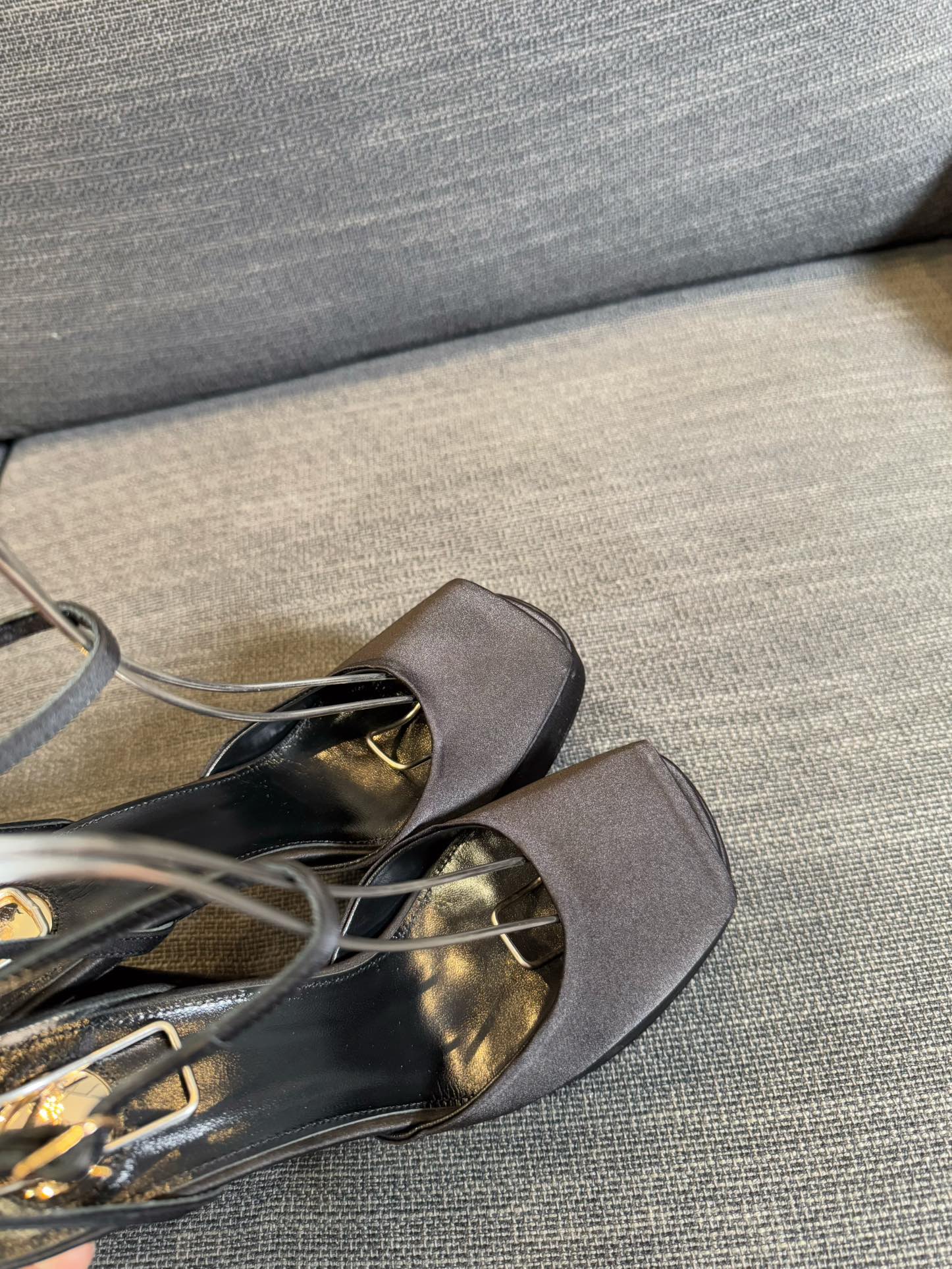 YSL 26S PLATFORM SANDALS 150 MM IN TAUPE AND BLACK SATIN