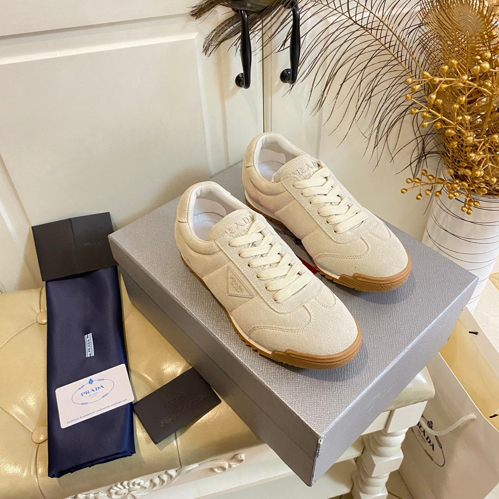 PRADA 26S LACE UP SNEAKERS IN BEIGE SUEDE