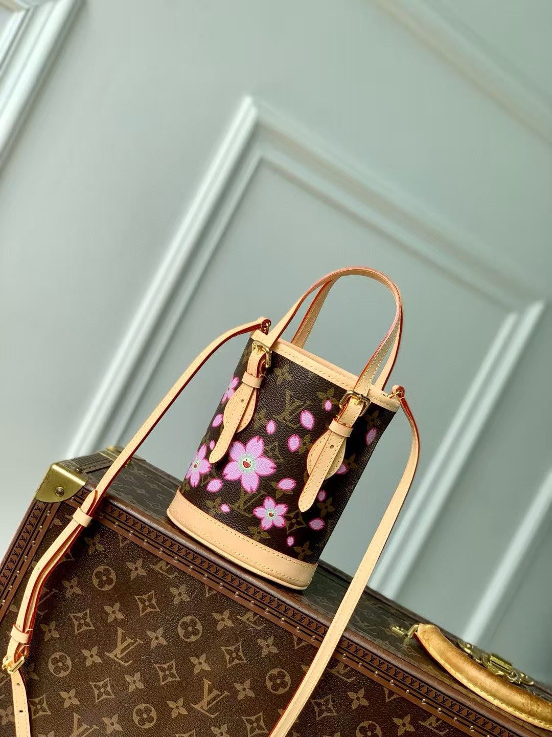 NANO BUCKET CHERRY BLOSSOM IN SAKURA BROWN MONOGRAM COATED CANVAS