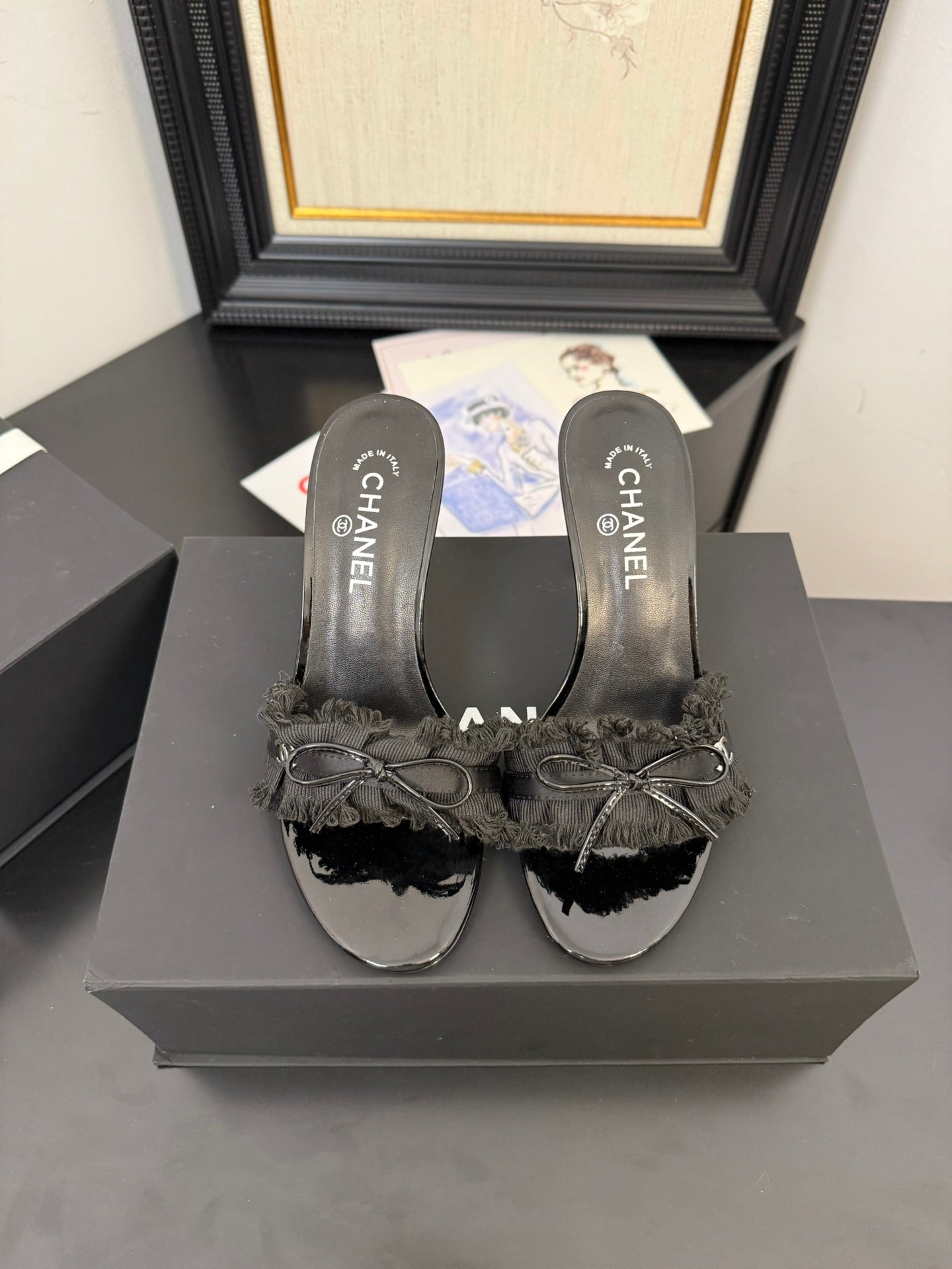 BLACK GROSGRAIN CANVAS BOW MULE SANDALS 90 MM