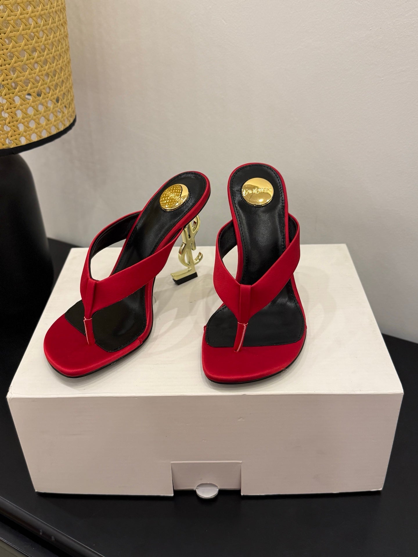 YSL 26S TOE-POST HIGH HEEL SANDALS IN RED SATIN