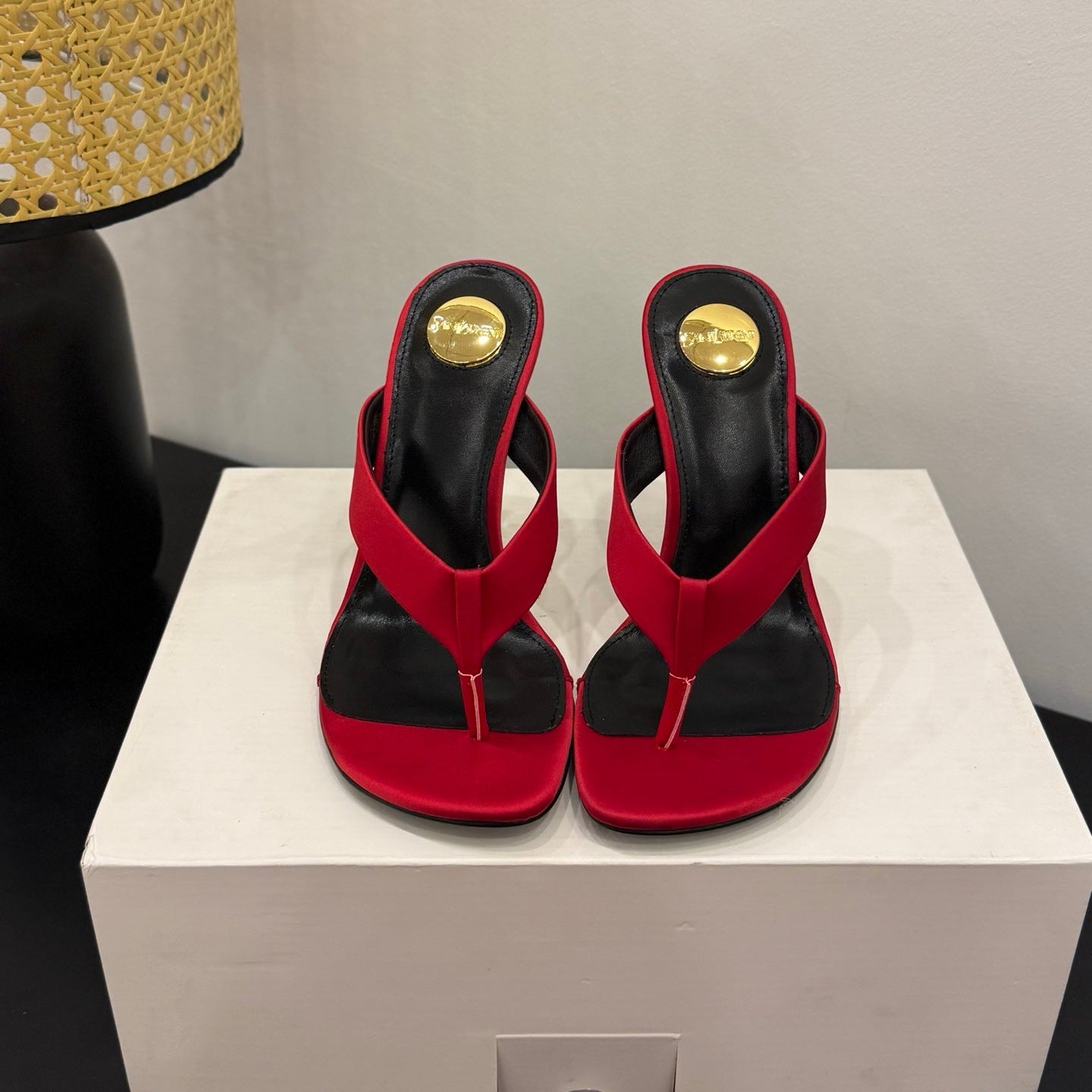YSL 26S TOE-POST HIGH HEEL SANDALS IN RED SATIN
