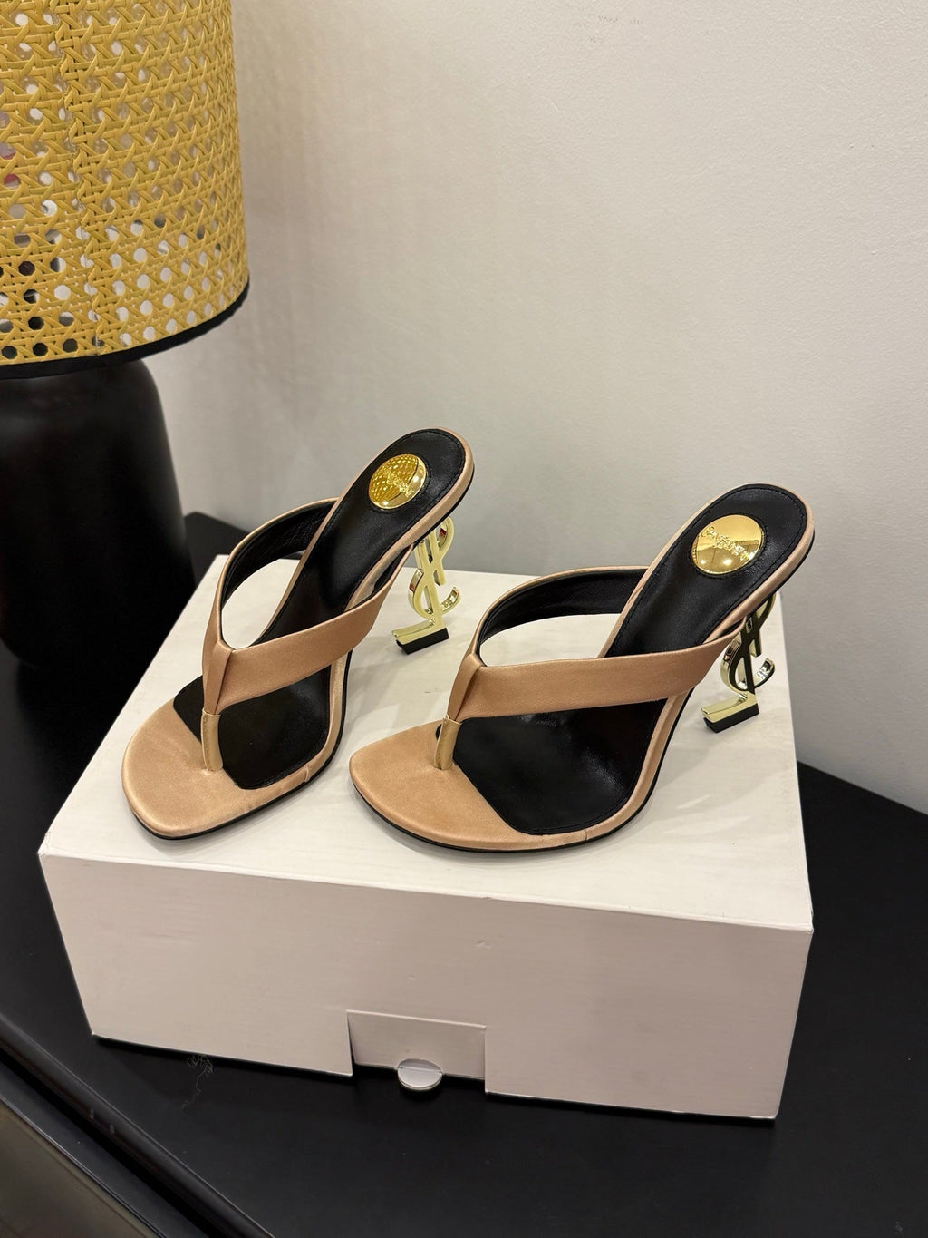 YSL 26S TOE-POST HIGH HEEL SANDALS IN SANDY BROWN SATIN