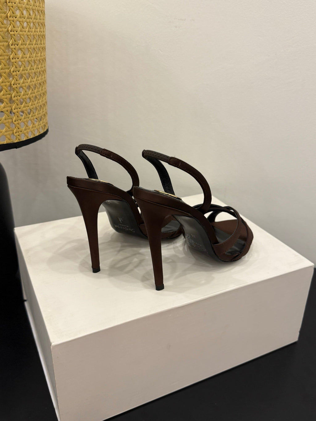 YSL 26S HIGH-HEELED SANDALS 105 MM IN DARK BROWN SATIN