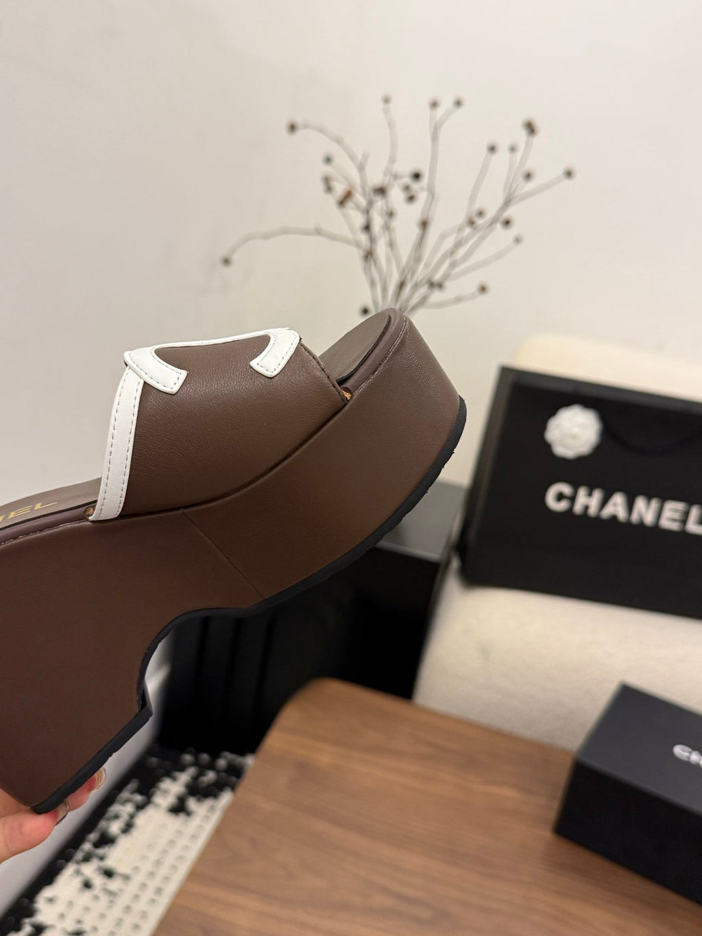 CHANEL 26S WEDGE SANDALS 95 MM IN DARK BROWN CALFSKIN