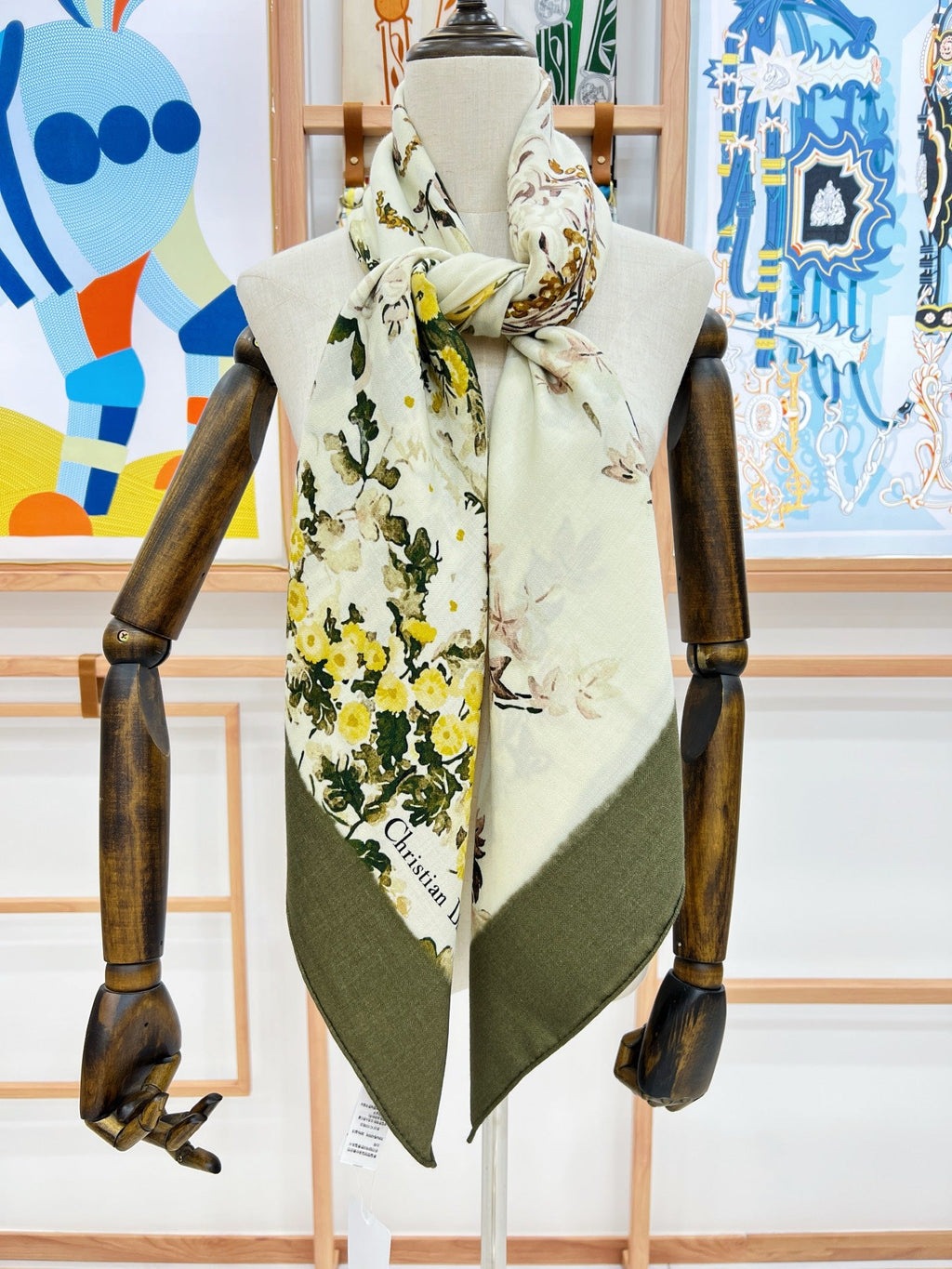 DIOR REVERSIBLE SCARF 140 CM IN CREAM WHITE MIX GREEN WOOL-SILK FABRIC 735876