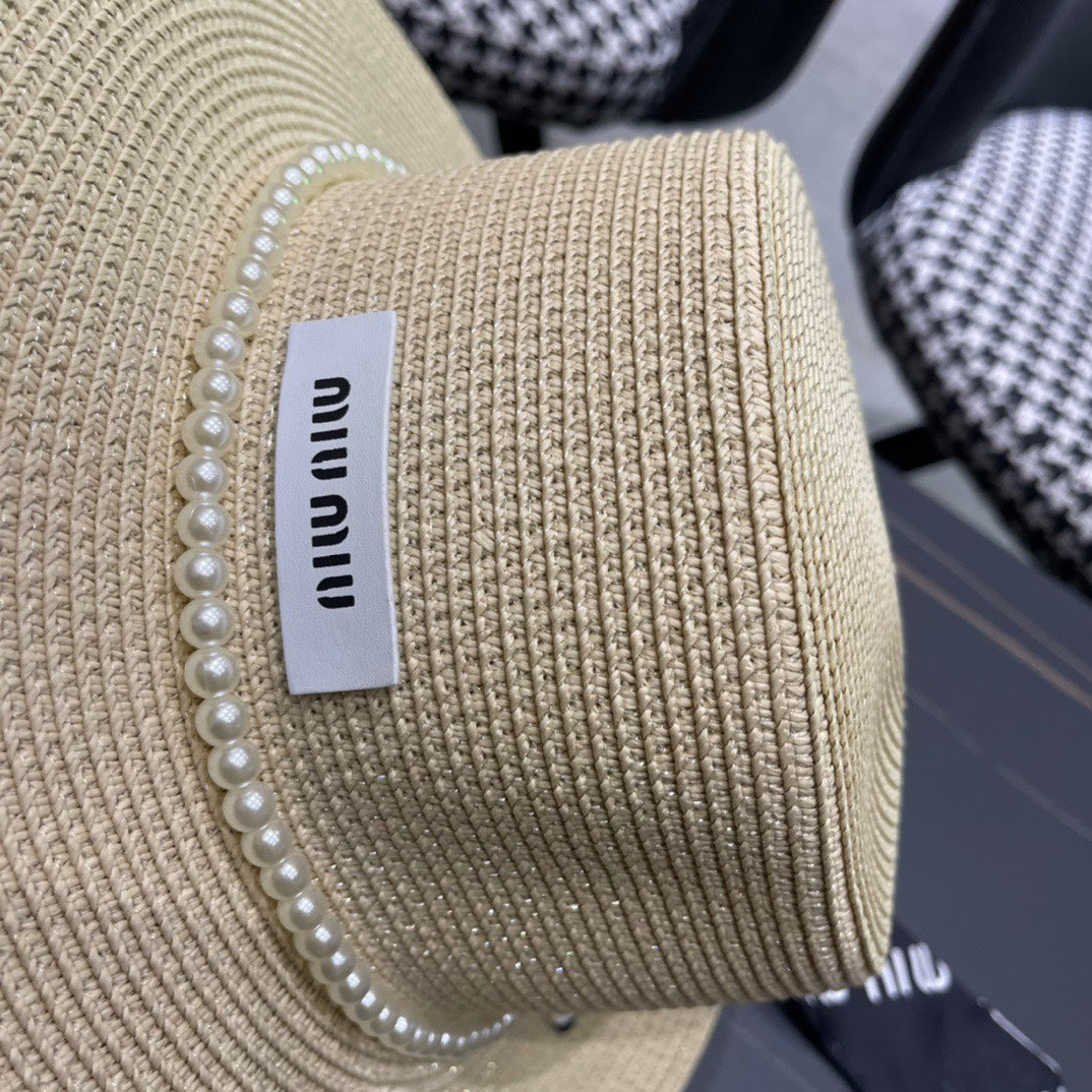 MIUMIU SMALL-BRIM STRAW HAT IN LIGHT BEIGE AND PEARL EMBELLISHED