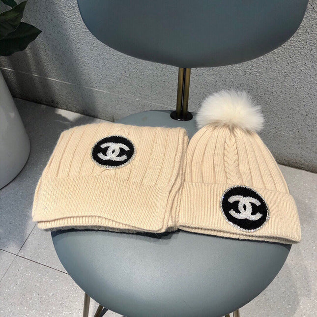 SET BEANIE HAT AND SCARF IN BISQUE BEIGE WOOL 424022