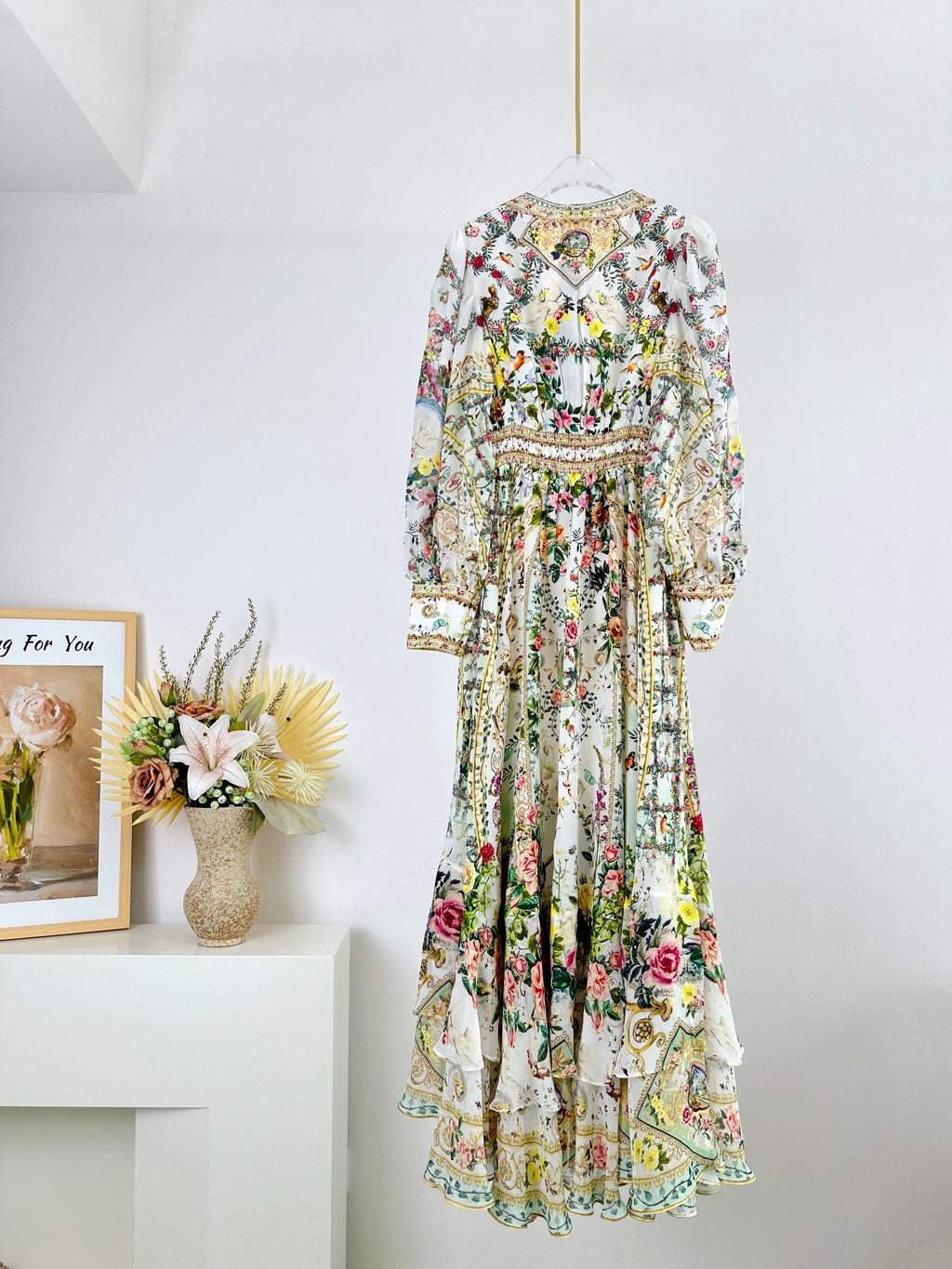 V-NECK LAYERED SILK PRINT MAXI DRESS