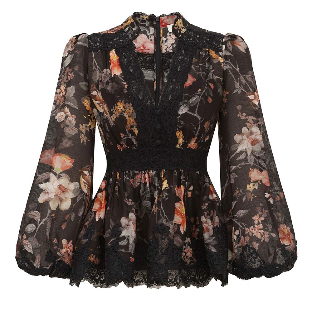 ZIMMERMANN 26S LONG SLEEVE FLORAL LACE BLOUSE STYLE 166