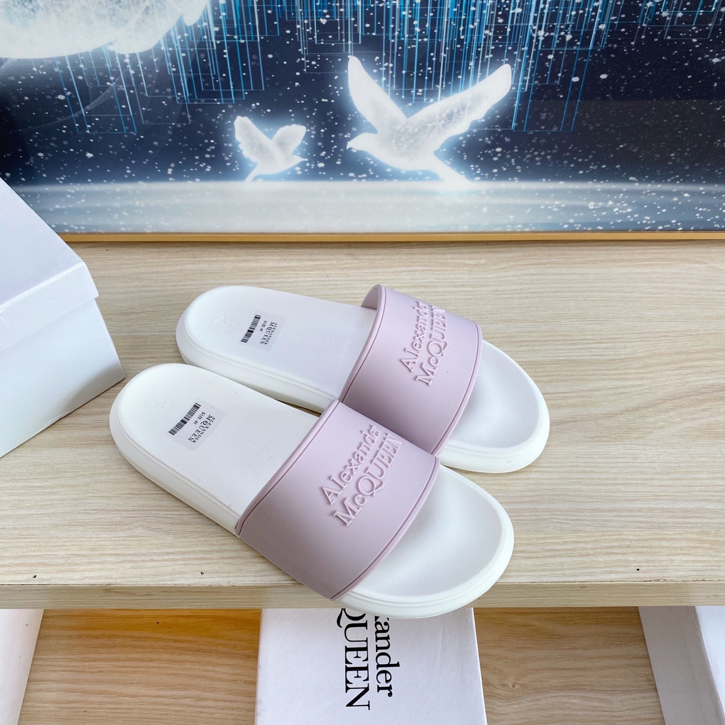 SLIDES SANDAL IN WHITE TPU VIOLET STRAP EMBOSSED LOGO