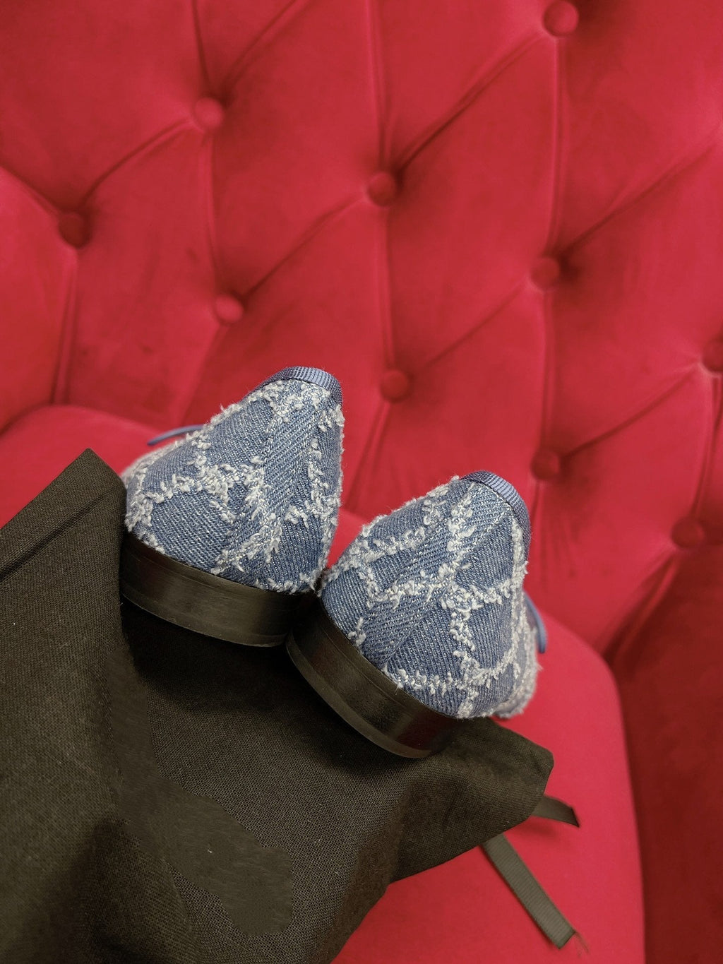 ballet flat blue black denim grosgrain