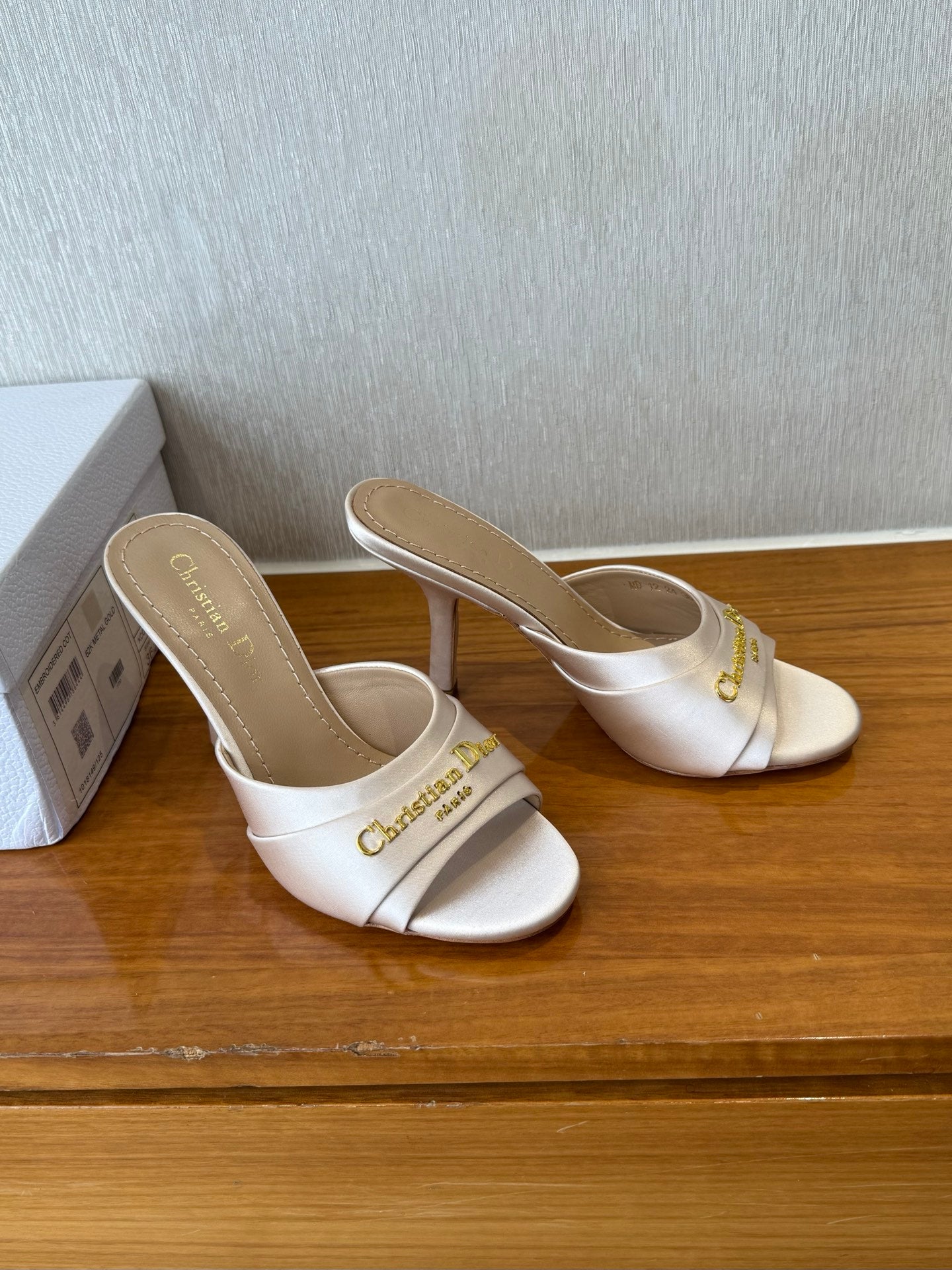 PEEP TOE SANDAL 25S HEELS 10CM IN PALE PINK BEIGE SATIN