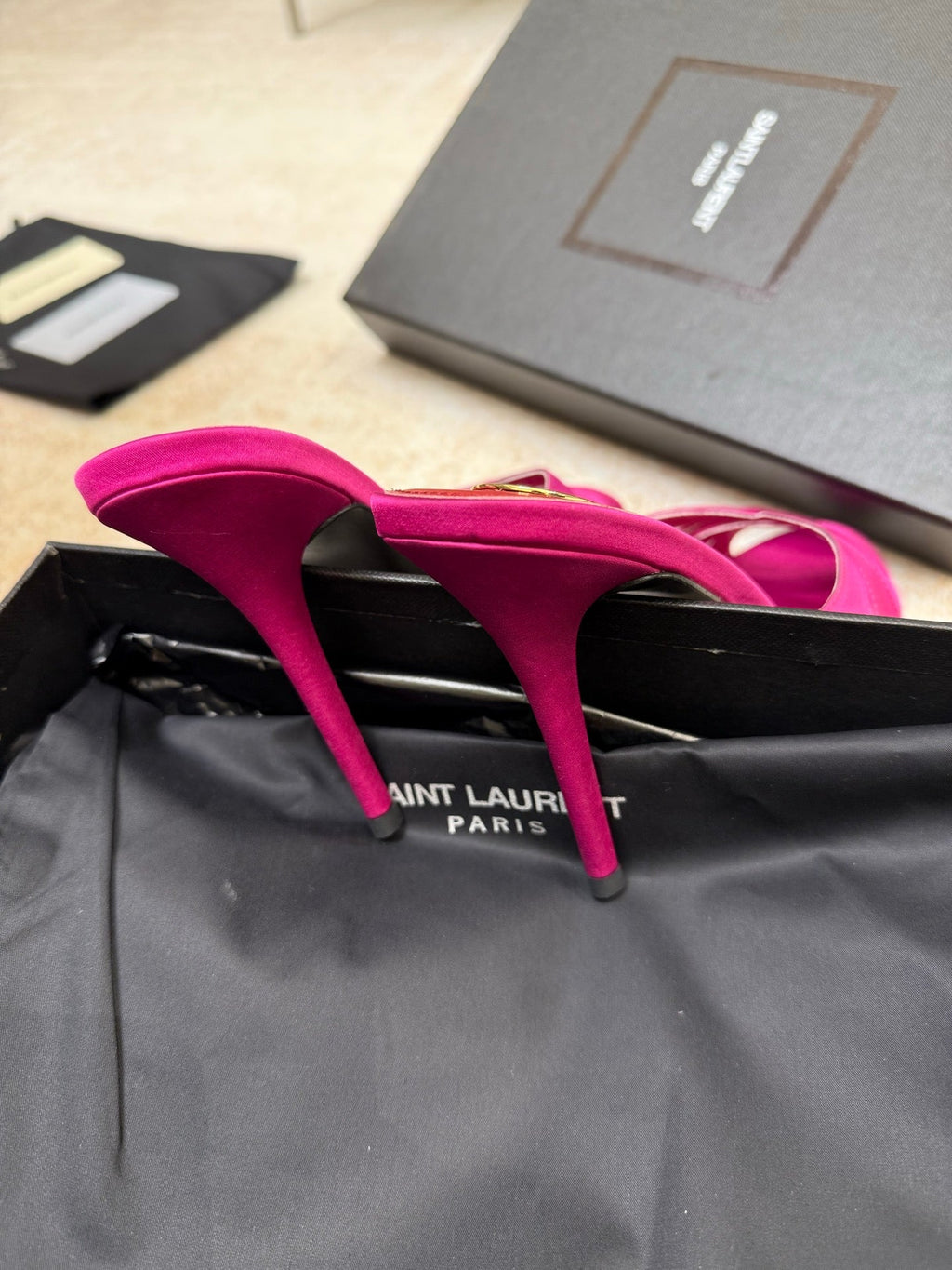 YSL 26S HEELED SANDALS 105 MM IN DARK PINK SATIN