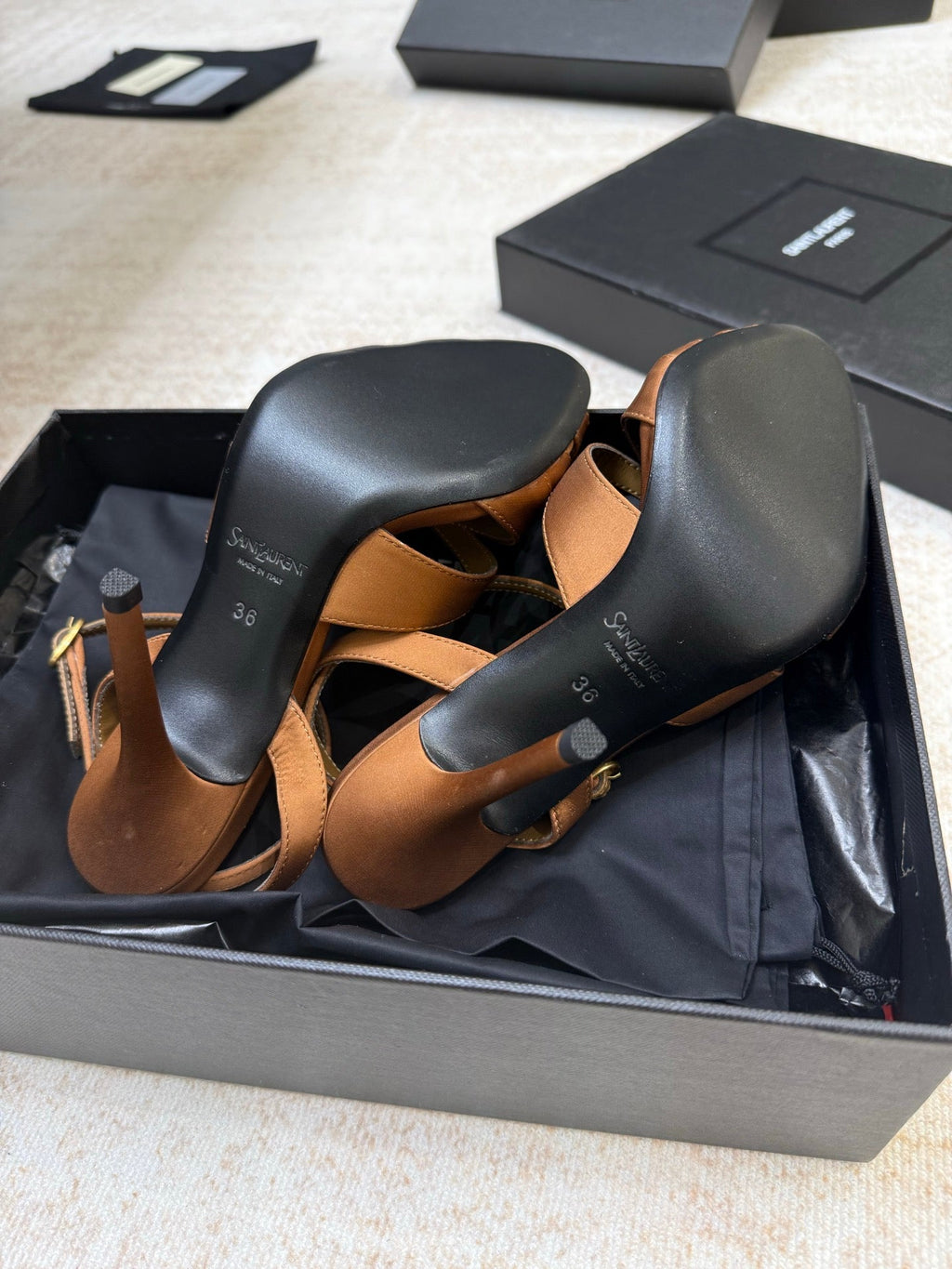YSL 26S STRAPPY HEELED SANDALS 105 MM IN CLAY BROWN SATIN