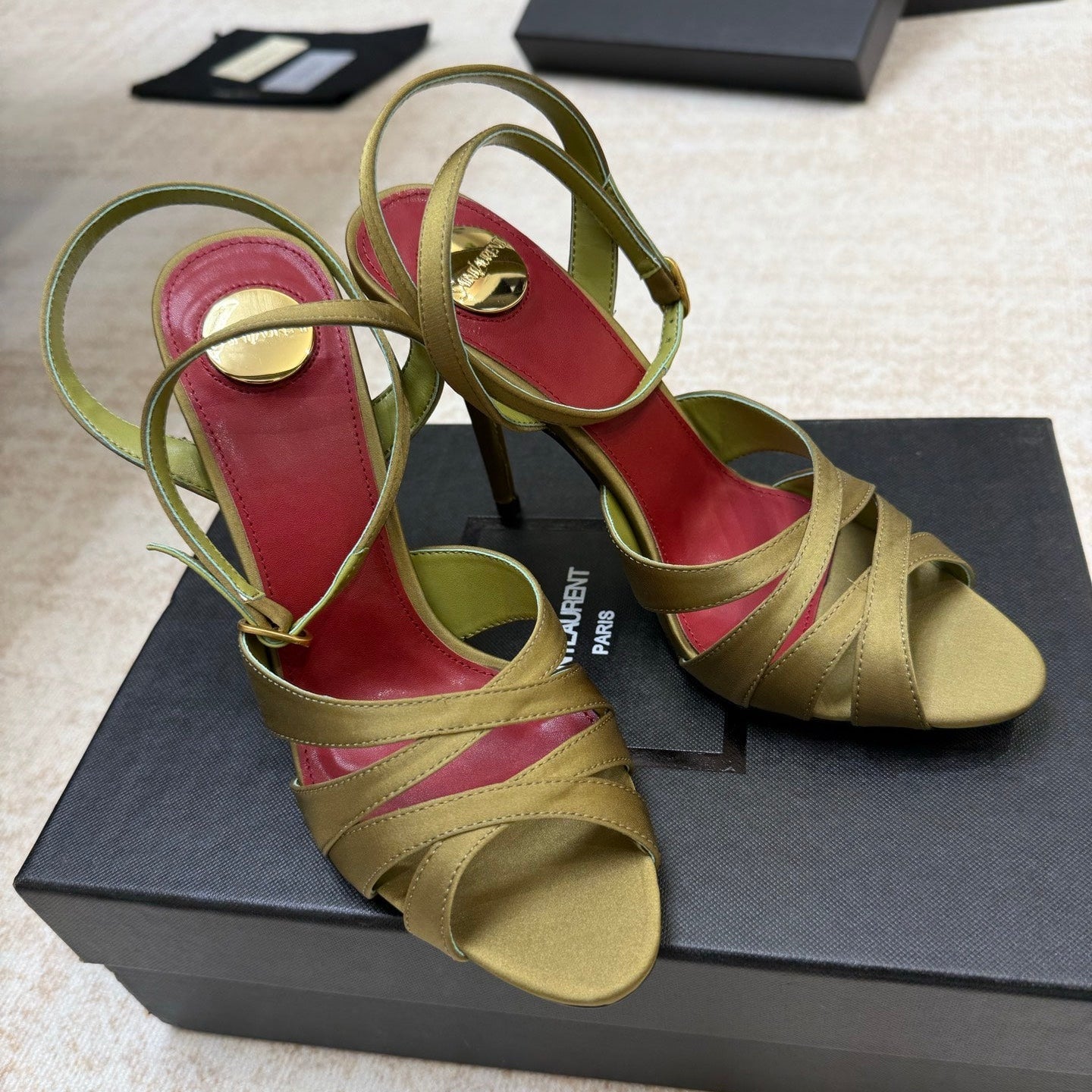 YSL 26S STRAPPY HEELED SANDALS 105 MM IN OLIVE GREEN SATIN