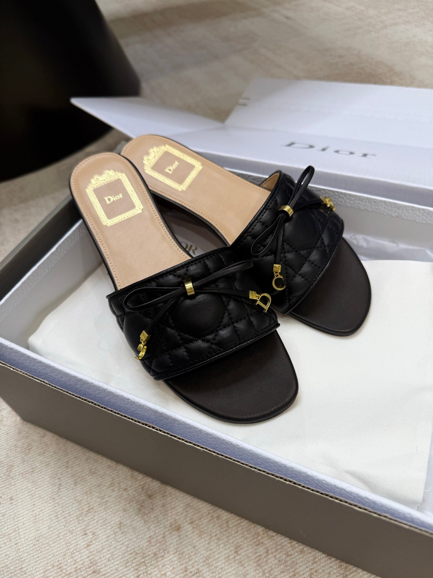 DIOR 26S DWAY CANNAGE SLIDE IN BLACK LAMBSKIN