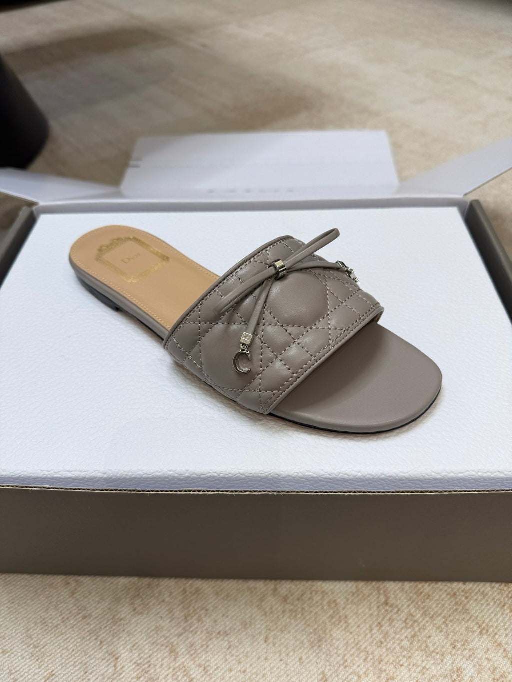 DIOR 26S DWAY CANNAGE SLIDE IN MUSHROOM GREY LAMBSKIN
