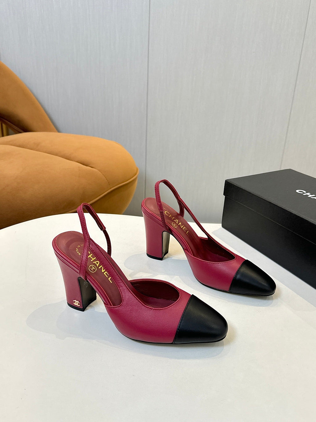 CC SLINGBACK IN BURGUNDY RED MIX BLACK CALFSKIN
