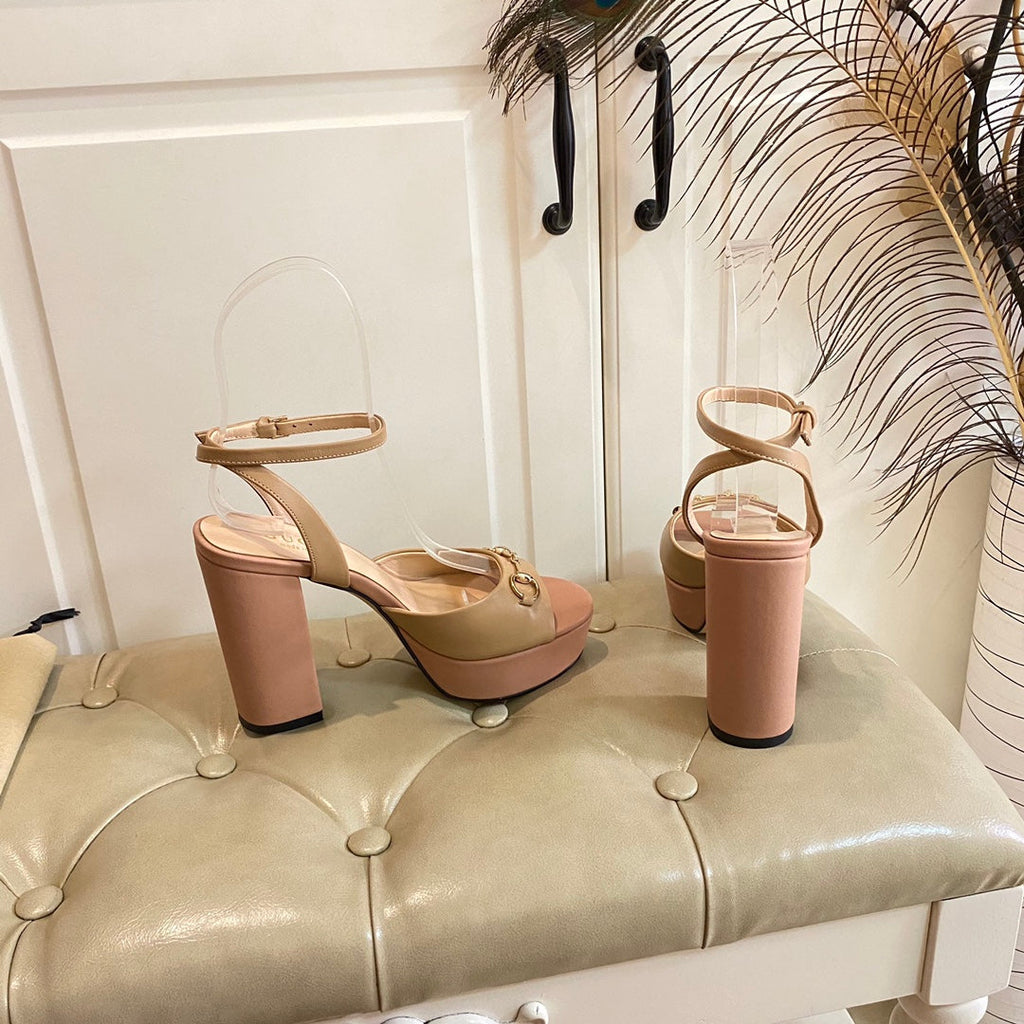 GG HORSEBIT PLATFORM SANDAL IN WHEAT BEIGE MIX LIGHT PINK SHEEPSKIN