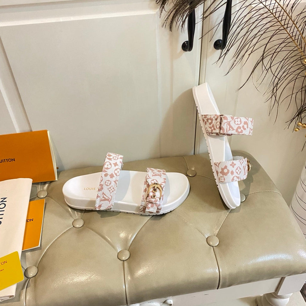 LV 26S DOUBLE-STRAP PILLOW MULES IN WHITE AND DUSTY ROSE CANVAS