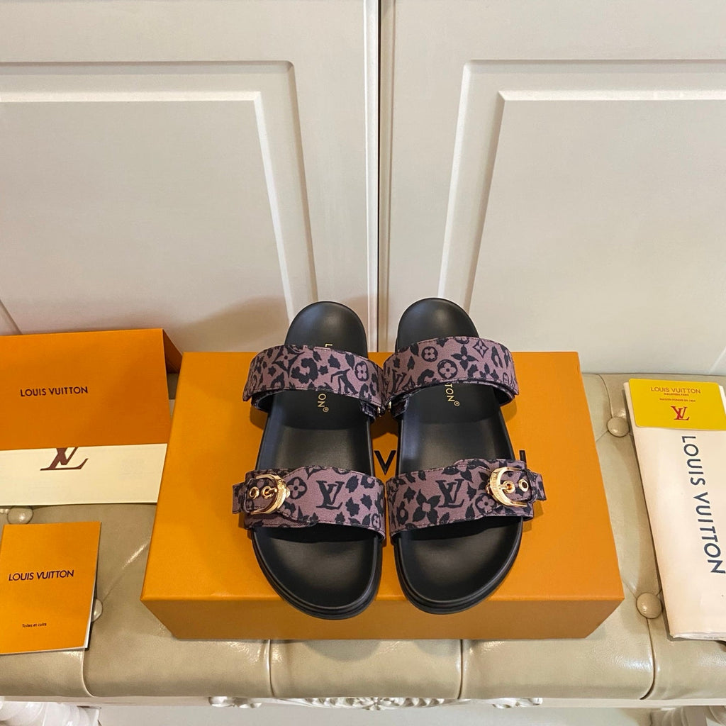 LV 26S DOUBLE-STRAP PILLOW MULES IN DARK PURPLE CANVAS