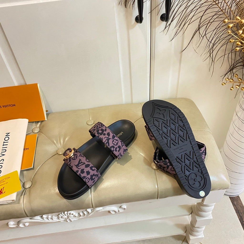 LV 26S DOUBLE-STRAP PILLOW MULES IN DARK PURPLE CANVAS