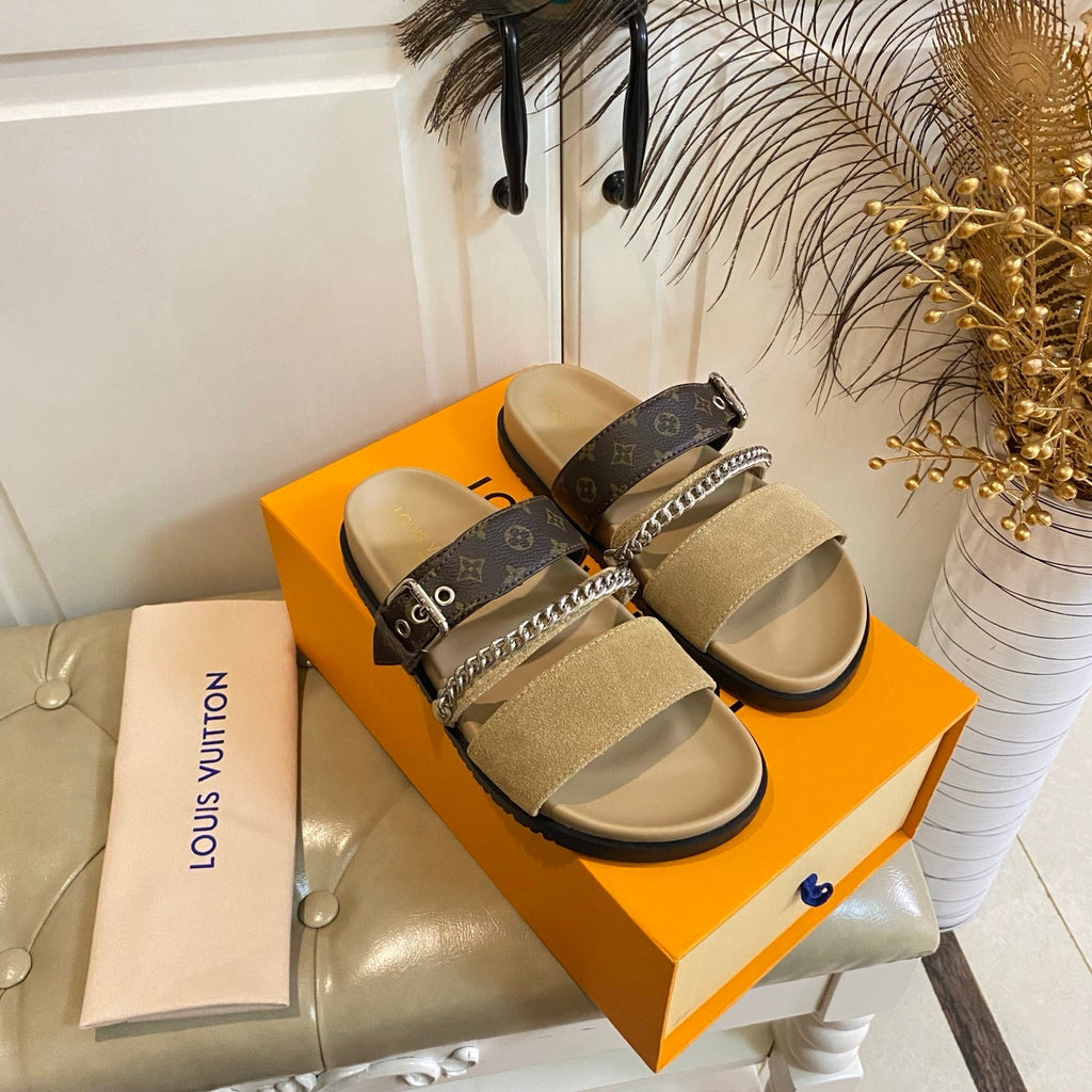 LV 26S STRAP SLIDES IN BROWN SUEDE AND CANVAS