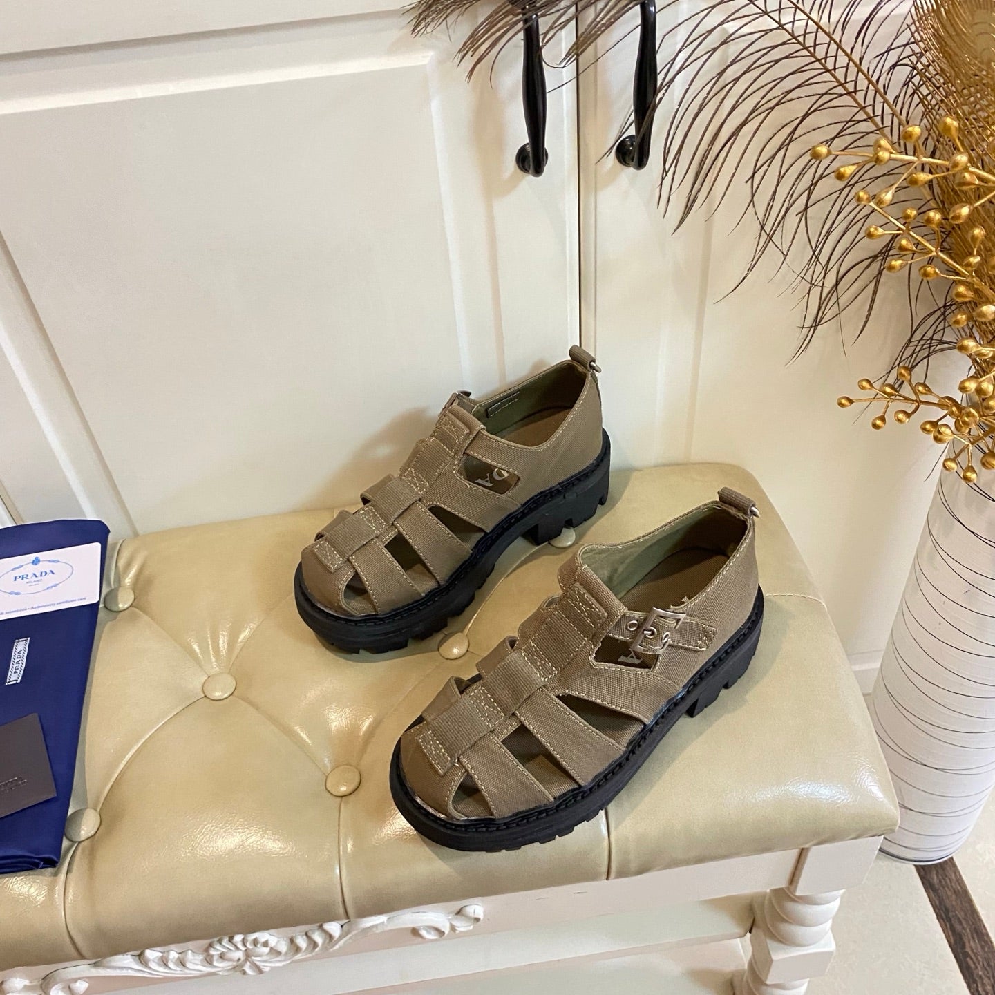 PRADA 26S BUCKLE FISHERMAN SANDALS CHUNKY SOLE IN BROWN CANVAS